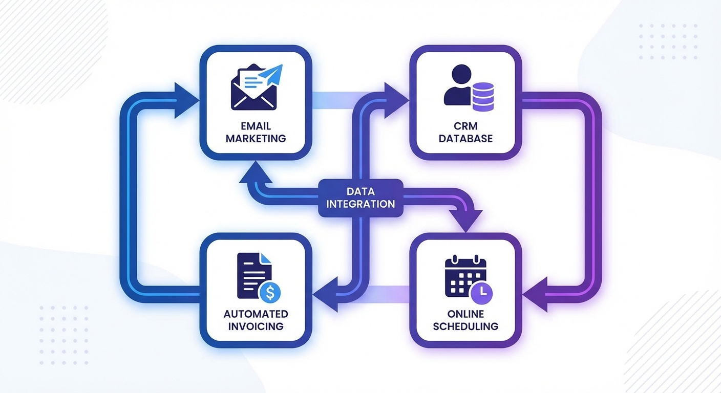 Small business workflow automation connecting email, CRM, scheduling and invoicing