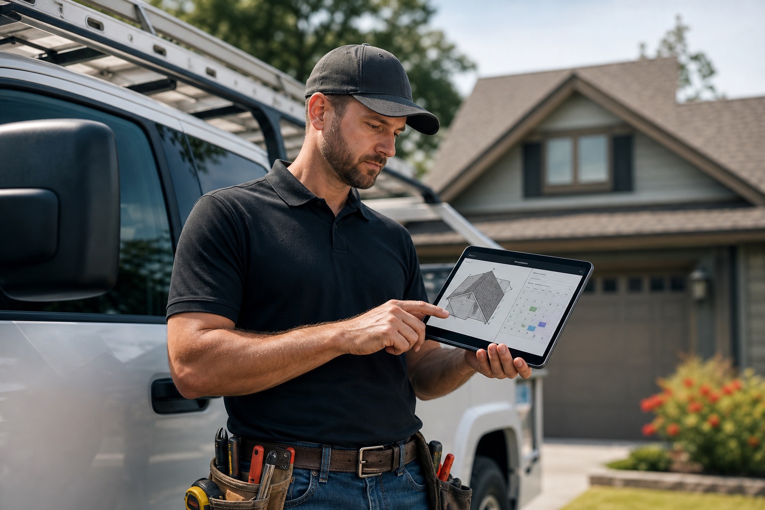 AI tools for roofing companies used by a contractor reviewing roof measurements