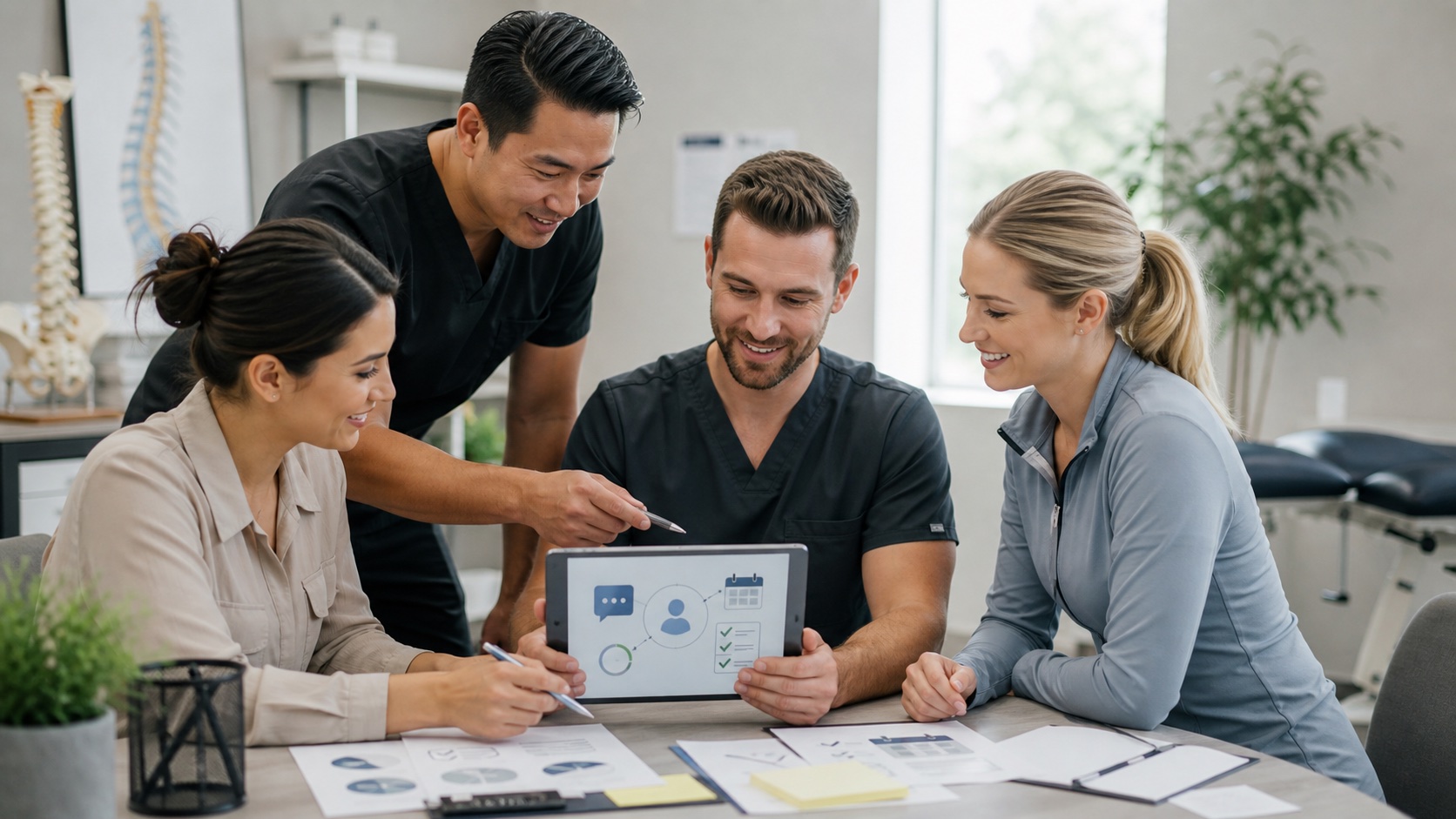 Chiropractic clinic team reviewing AI patient communication workflow