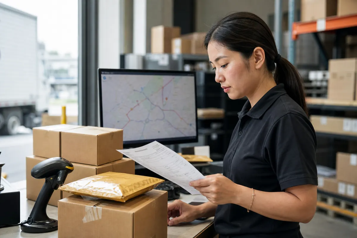 Logistics coordinator reviewing shipment documents in a warehouse