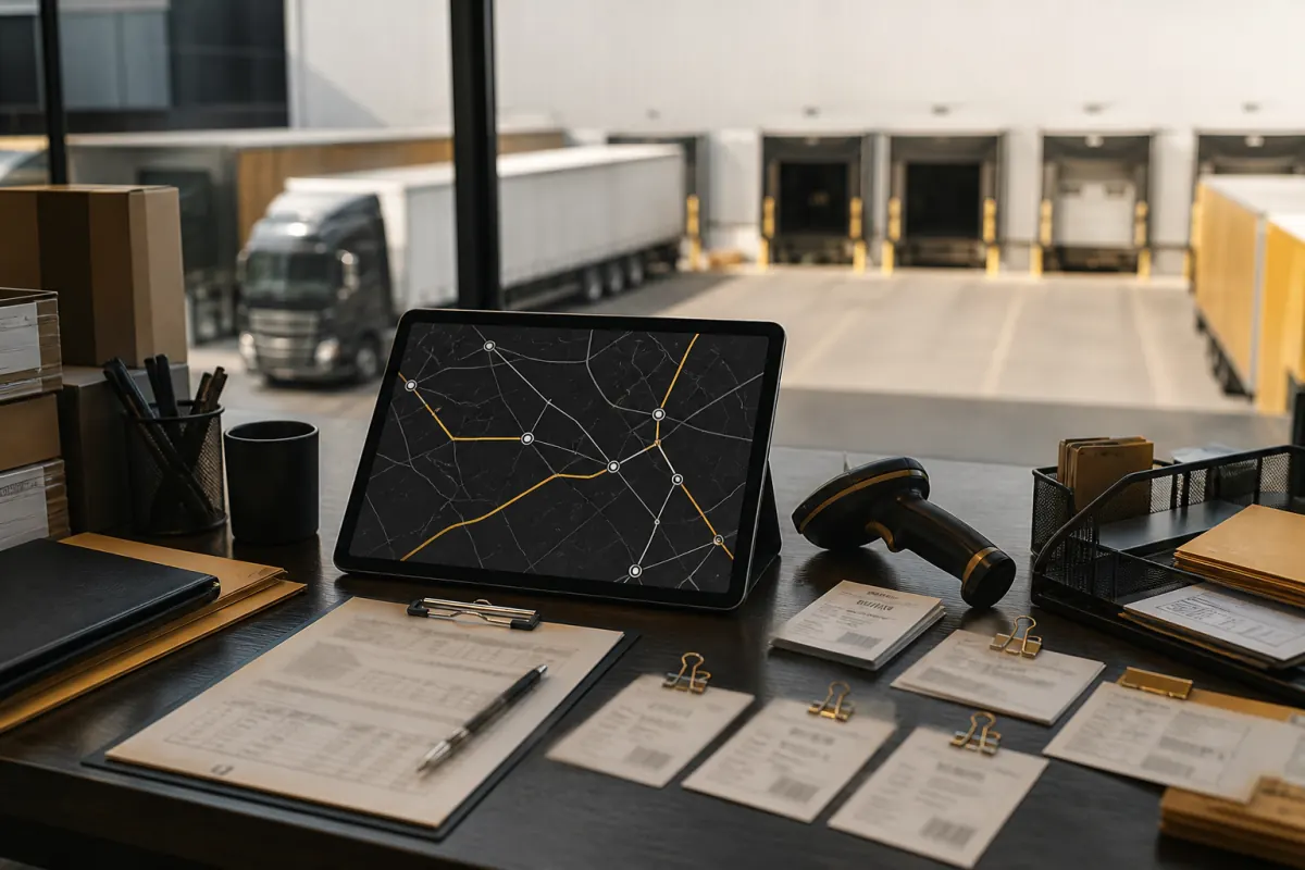 Logistics operations planning table with route map and scanner