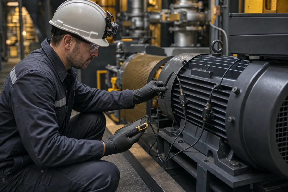 Maintenance engineer checking sensor equipment on an industrial motor