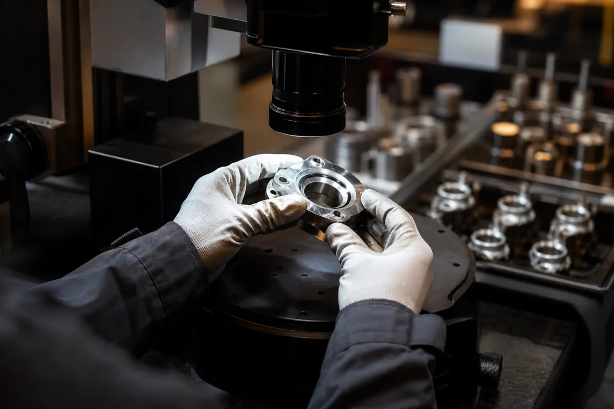 Technician inspecting a precision component with an industrial camera