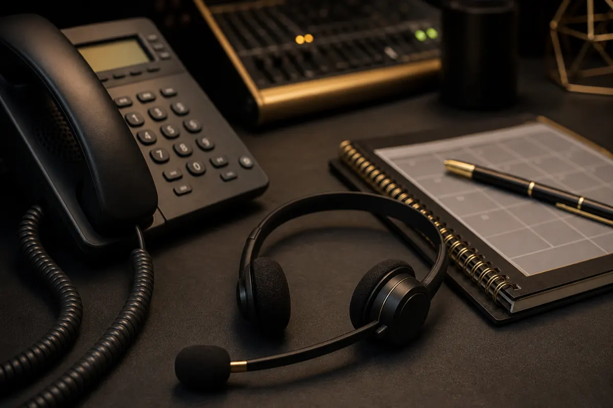 Business voice agent evaluation workspace with phone and headset